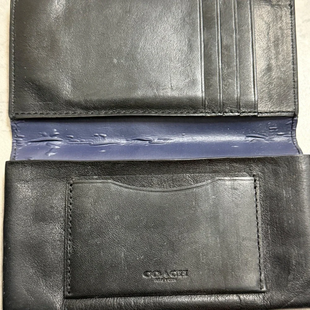 Coach Vintage Long Bifold Wallet Mens Black Good Leather Slim Blue Interior Logo